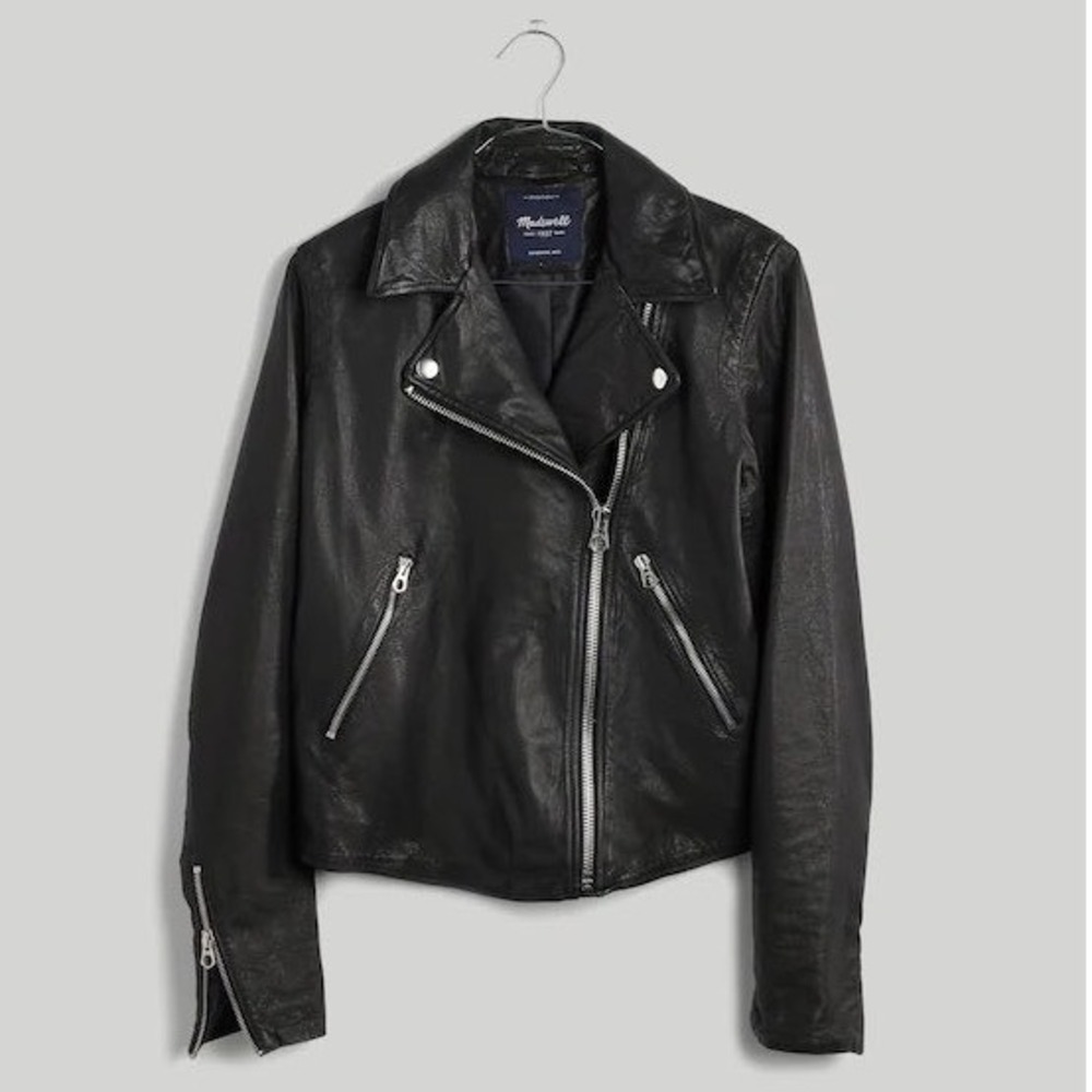 $525 Madewell Washed Leather Motorcycle Jacket Black Moto Biker Zip  Womens M